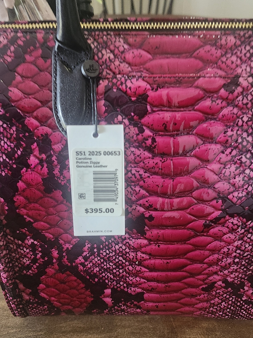 Bright Pink Snake-Print Tote Handbag by Brahmin Brand - Picture 4 of 10